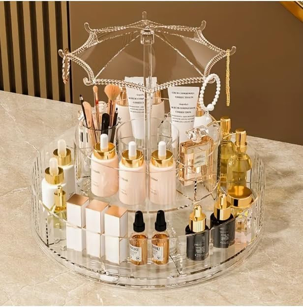 Rotating cosmetic tray with umbrella