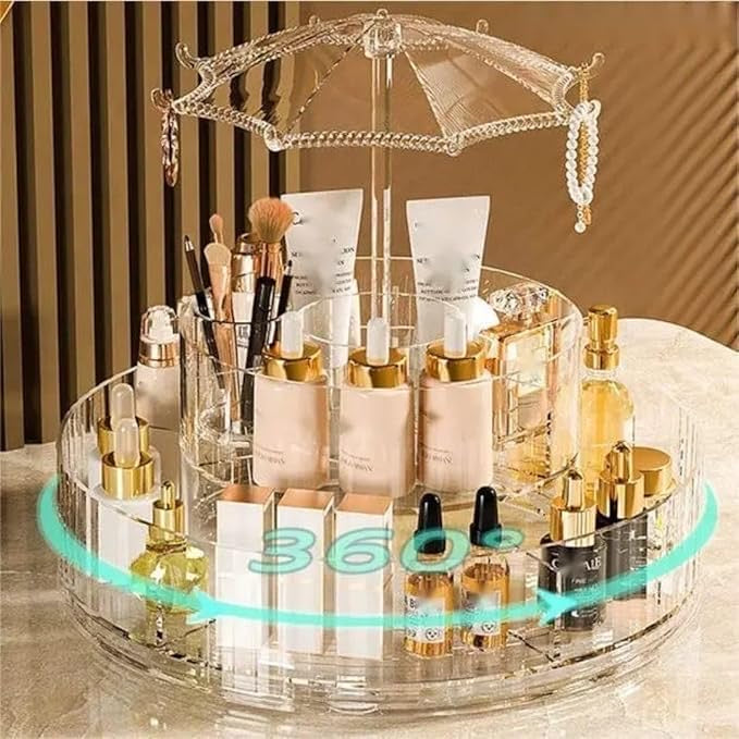Rotating cosmetic tray with umbrella