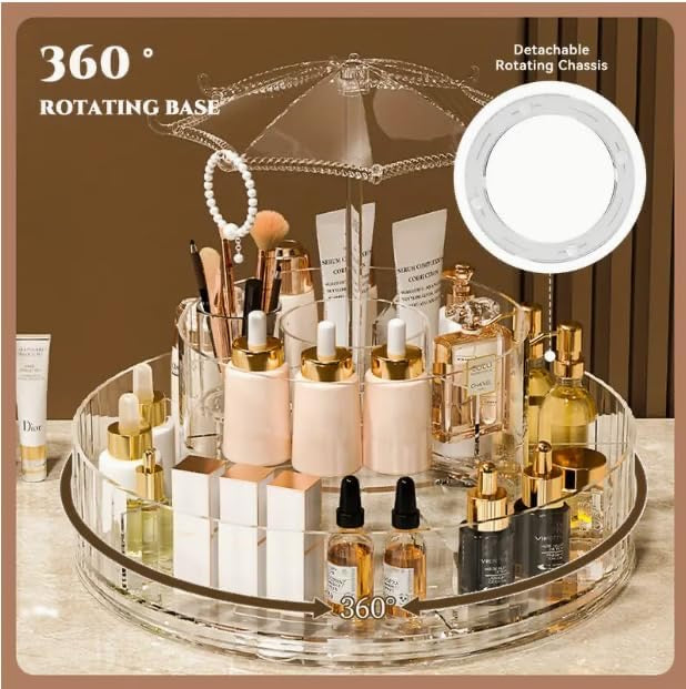 Rotating cosmetic tray with umbrella