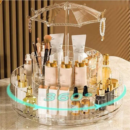 Rotating cosmetic tray with umbrella
