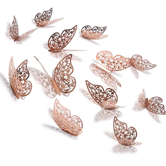 12pcs 3D Gorgeous Shiny Rose Gold Butterfly Stickers 